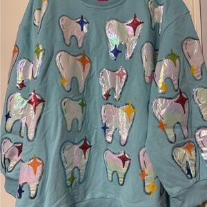 QUEEN OF SPARKLES Blue Red Oversized Graphic Sweatshirt NWOT